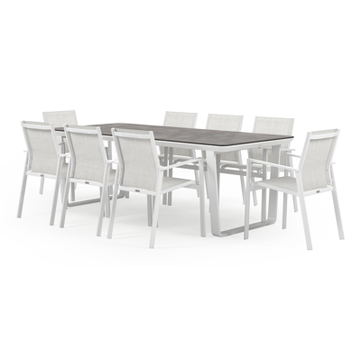 Alora tuinset in wit aluminium en grijs keramische print tafelblad met 8 stapelbare Bahia tuinstoelen