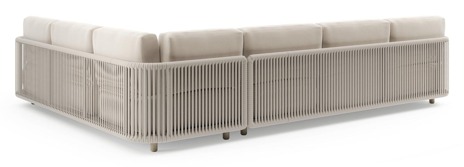 Salon de jardin d'angle Organo en aluminium beige et corde luxe plate tissée verticalement beige et coussin en all weather Sunbrella® luxe lopi antique