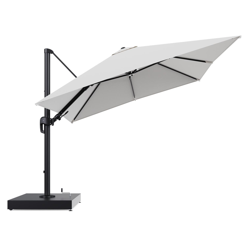 Rufina zweefparasol met tiltfunctie in zwart aluminium en Soul Optik All Weather Solica parasoldoek - L1 300 x L2 300 cm met parasolvoet Minore 260 kg met wielen