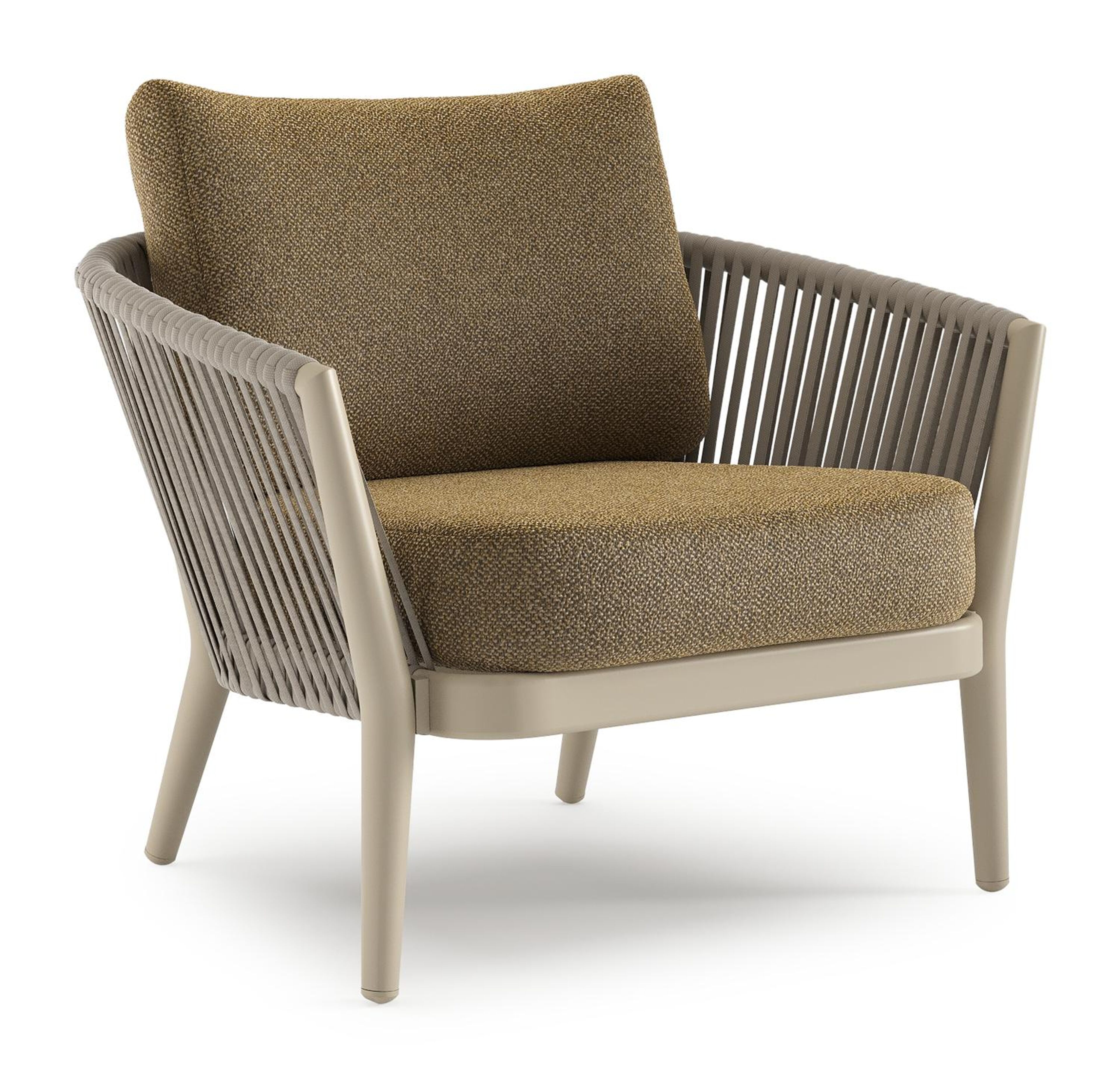Orso loungestoel in beige aluminium en beige verticaal geweven luxe vlakke rope met Madagascar Walnut all weather cosytica kussen