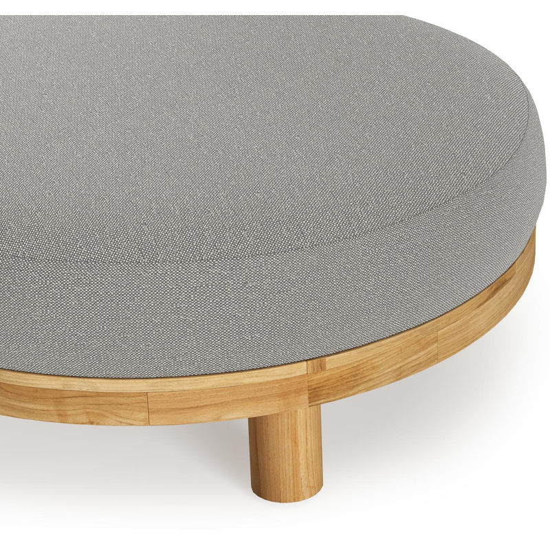 Donato lounge poef in teak en beige verticaal geweven ronde rope met all weather sunbrella® luxe Savane Zinc kussen