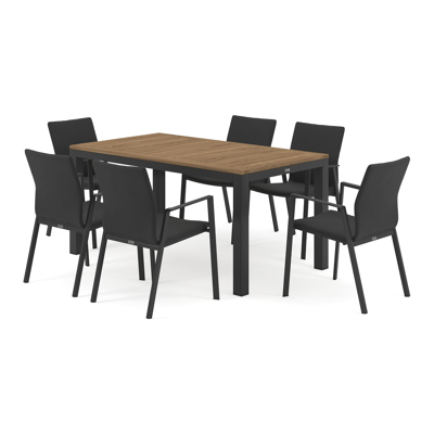 Varese tuinset in zwart aluminium en naturel teak tafelblad met 6 stapelbare Madura tuinstoelen
