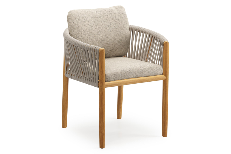 Organo tuinstoel in beige teak en beige verticaal geweven luxe vlakke rope met kussen in All Weather Cosytica Marbella Beige
