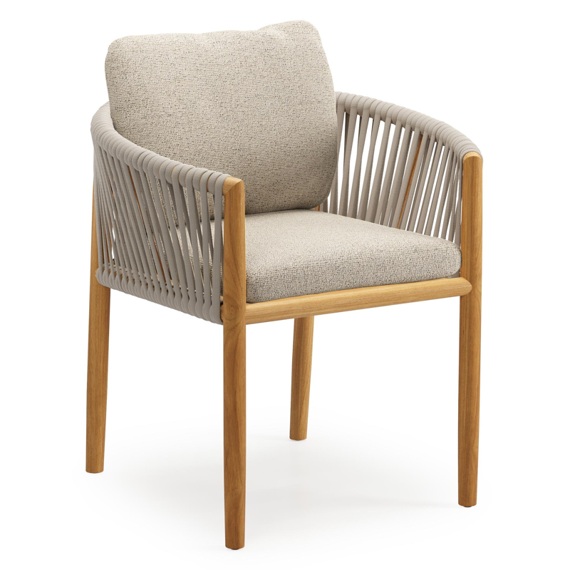 Organo tuinstoel in beige teak en beige verticaal geweven luxe vlakke rope met kussen in All Weather Cosytica Marbella Beige