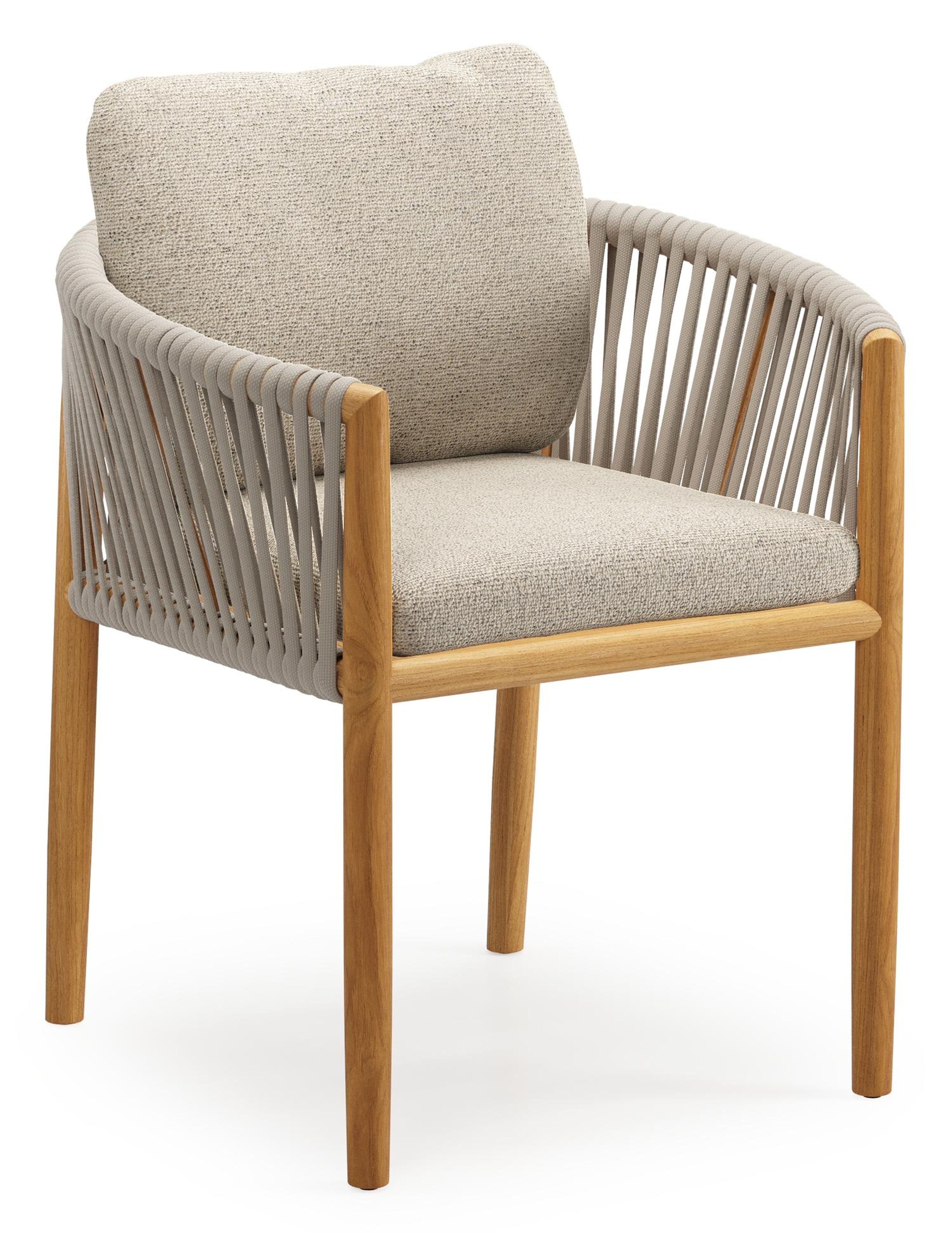 Organo tuinstoel in beige teak en beige verticaal geweven luxe vlakke rope met kussen in All Weather Cosytica Marbella Beige