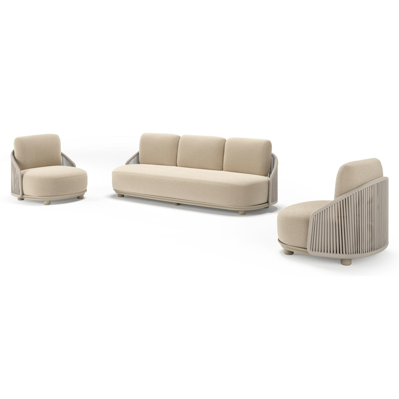 Salon de jardin Vadelo en aluminium beige et corde ronde tissée verticalement beige et coussins en all weather cosytica althea chalk