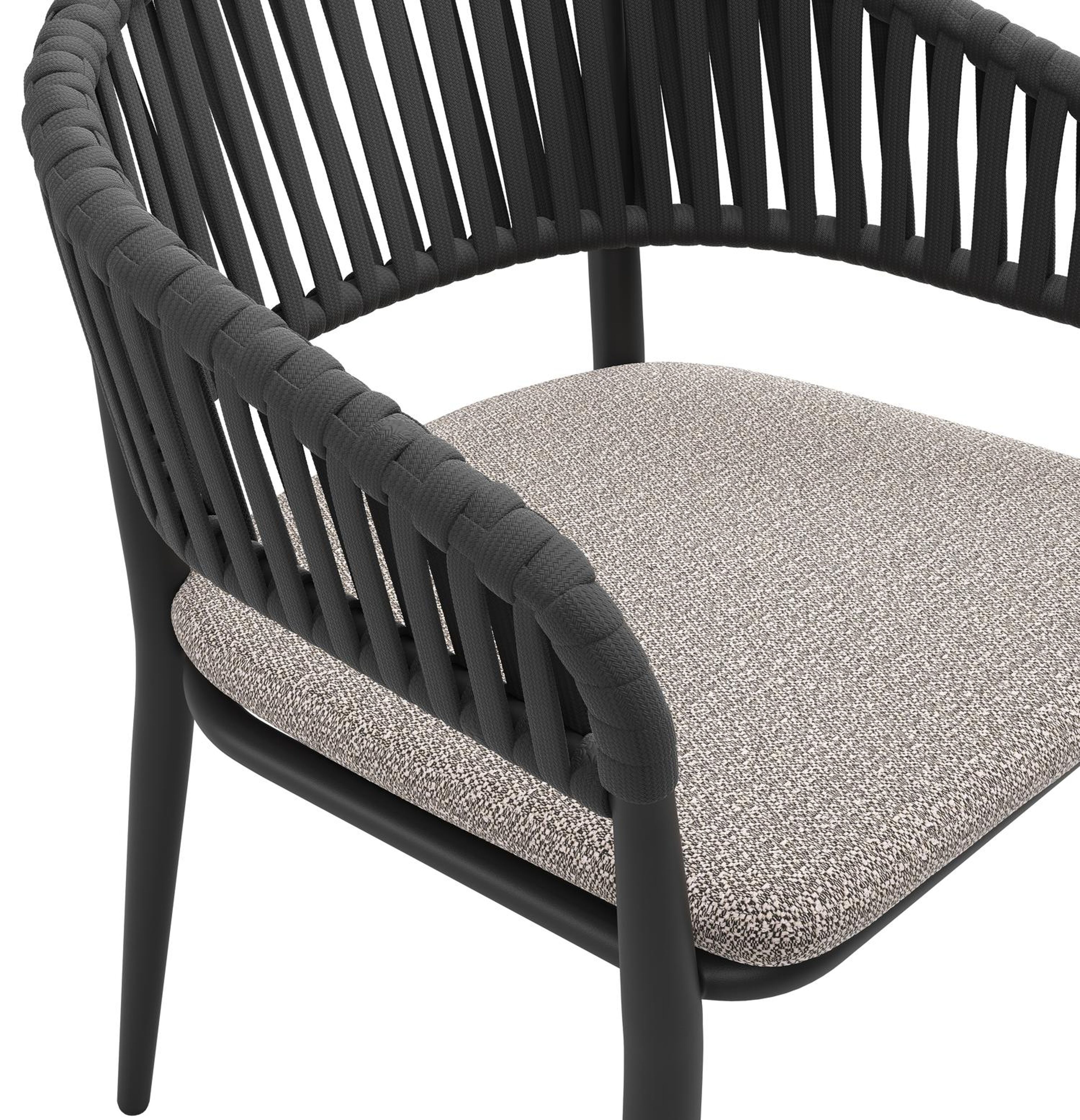 Tolfa stapelbare tuinstoel in zwart aluminium en zwart verticaal geweven luxe vlakke brede rope met stoelkussen in All Weather Sunbrella® Luxe Wander Granite