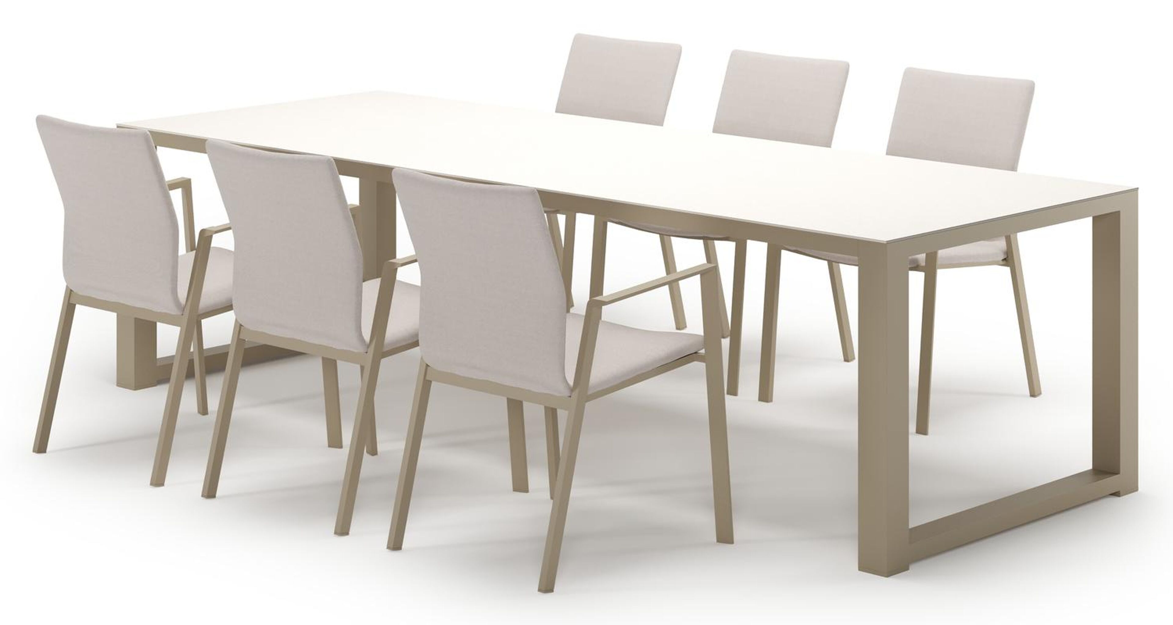 Livo tuinset in beige aluminium en crema minerale sintered stone met 6 stapelbare Madura tuinstoelen