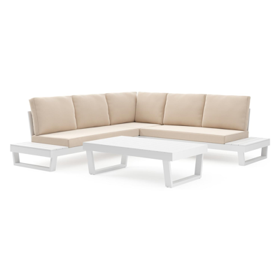 Modica loungehoek in wit aluminium met natte linen chalk all weather sunbrella® premium kussens en loungetafel