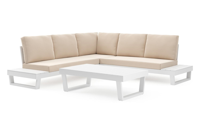 Modica loungehoek in wit aluminium met natte linen chalk all weather sunbrella® premium kussens en loungetafel