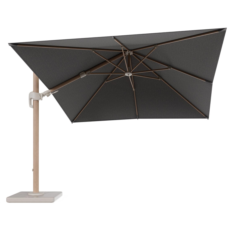 Rufina zweefparasol tiltfunctie in houtlook aluminium en parasoldoek in All Weather Sunbrella® Luxe Chartres Drizzle - L1 300 x L2 300 cm met parasolvoet Lapido 120 kg