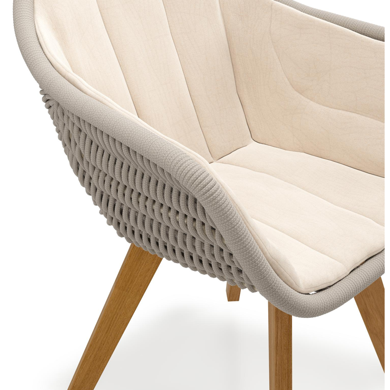 Pagino tuinstoel in teak en beige verticaal geweven ronde rope met zitkussen in All Weather Sunbrella® Luxe Natte Linen Chalk