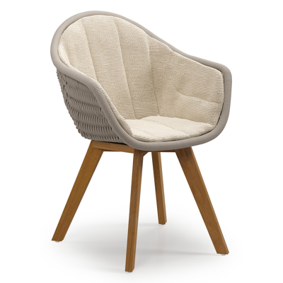 Pagino tuinstoel in teak en beige verticaal geweven ronde rope met zitkussen in All Weather Cosytica Althea Chalk