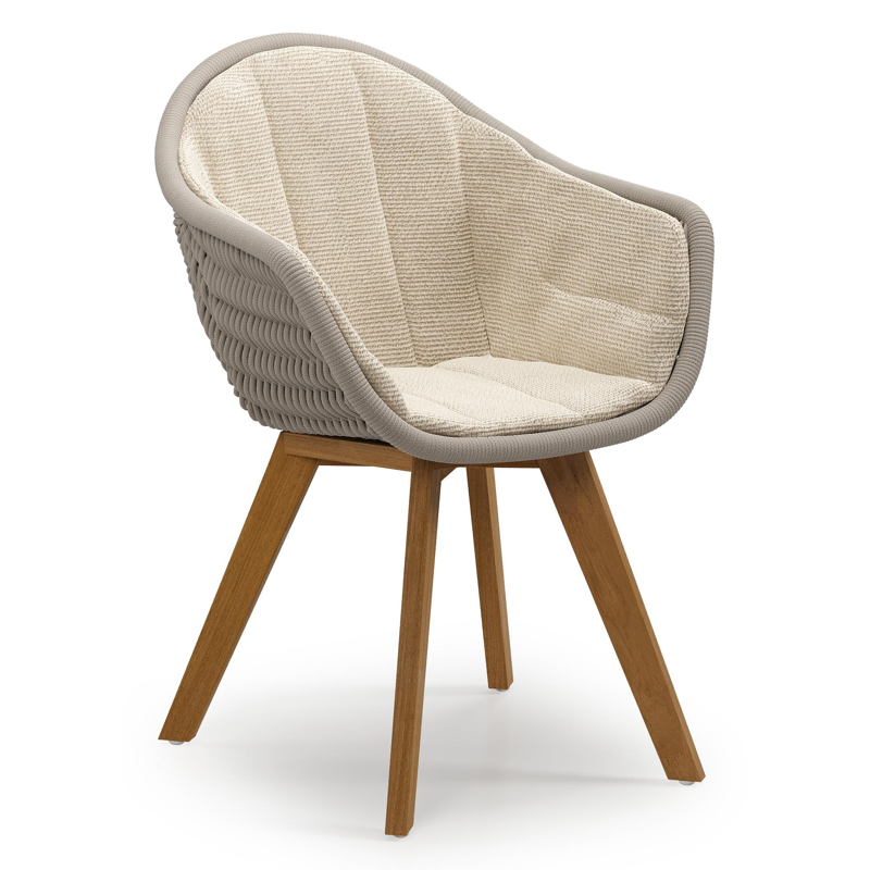 Pagino tuinstoel in teak en beige verticaal geweven ronde rope met zitkussen in All Weather Cosytica Althea Chalk