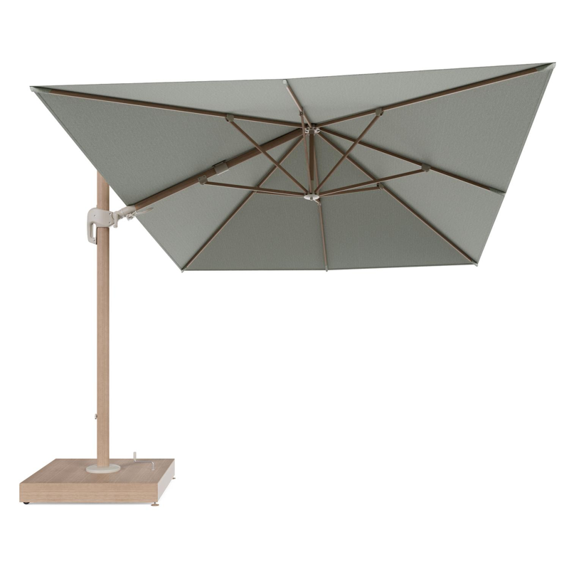 Rufina zweefparasol met tiltfunctie in houtlook aluminium en Slow Spirea All Weather Sunbrella® Luxe parasoldoek - L1 400 x L2 300 cm met parasolvoet Minore 260 kg met wielen