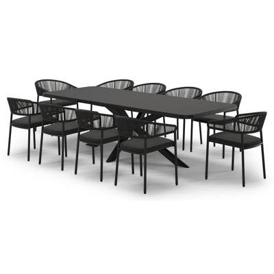 Ensemble de jardin Estella extensible rectangulaire en aluminium noir et sintered stone Notte minerale avec 10 chaises de jardin Zamora
