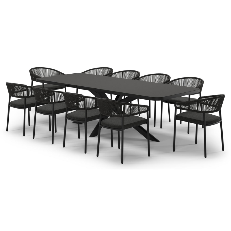 Ensemble de jardin Estella extensible rectangulaire en aluminium noir et sintered stone Notte minerale avec 10 chaises de jardin Zamora