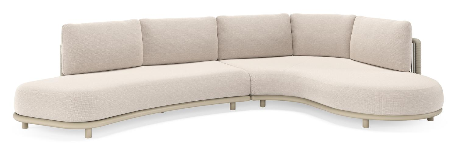 Lomano loungehoek in beige aluminium en beige verticaal geweven luxe vlakke rope met Slow Farafra all weather sunbrella® luxe