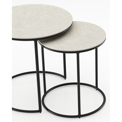 Set van 2 Fano loungetafels in zwart aluminium met volkeramiek Shilin - tafel 1: dia 50 x H 50, tafel 2: dia 40 x H 45 cm