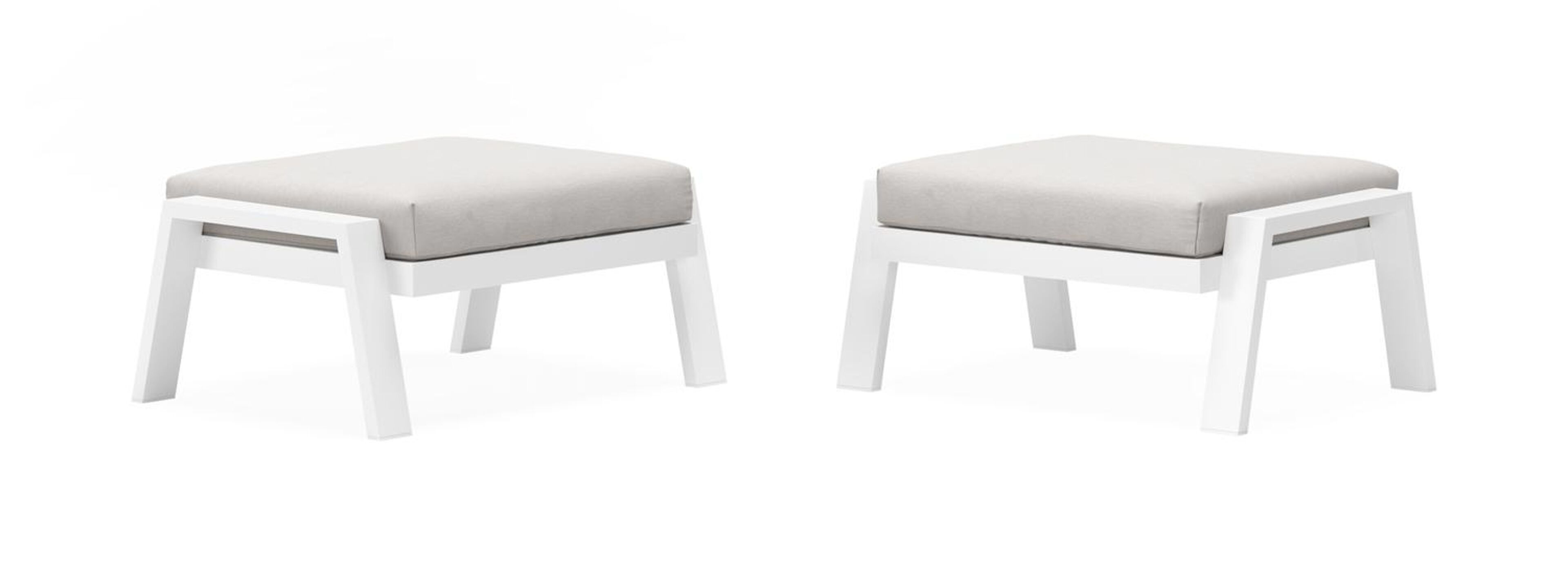 Set van 2 Veneto poefs in wit aluminium met natte graumel chalk all weather sunbrella® premium kussen