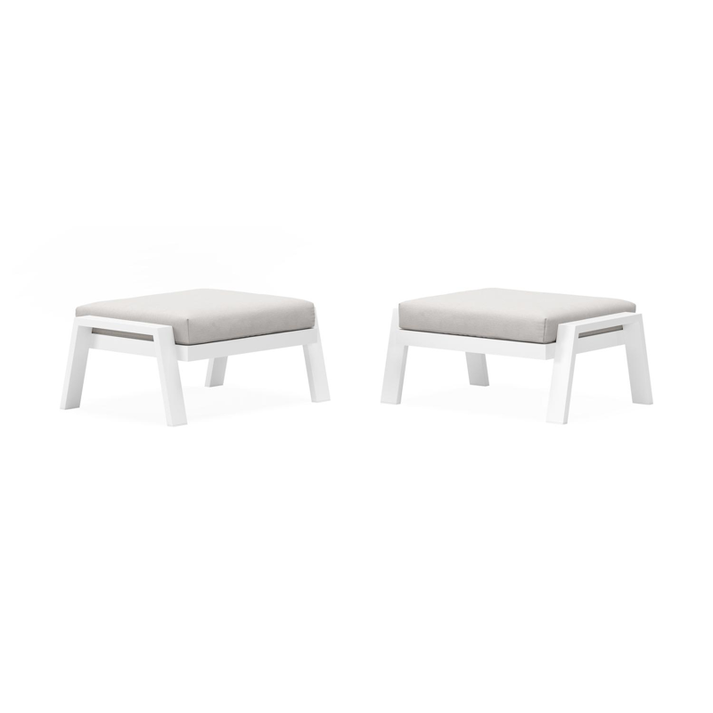 Set van 2 Veneto poefs in wit aluminium met natte graumel chalk all weather sunbrella® premium kussen