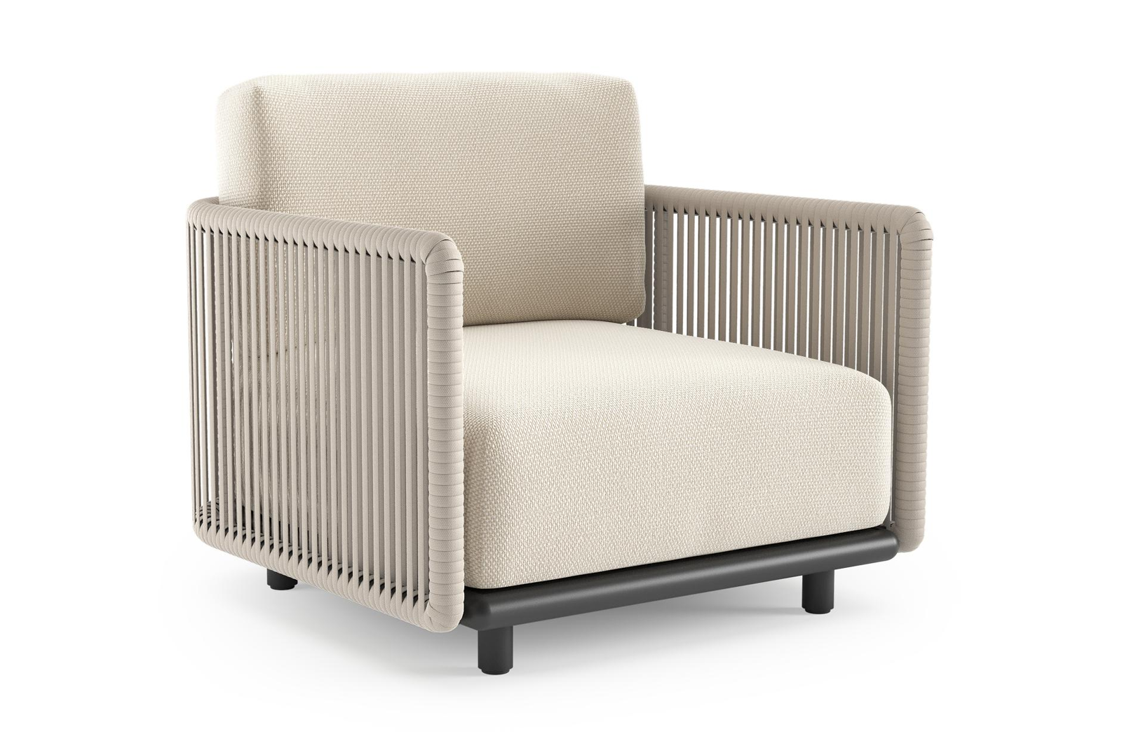 Organo loungestoel in zwart aluminium en beige verticaal geweven luxe vlakke rope met althea off white all weather Cosytica kussen