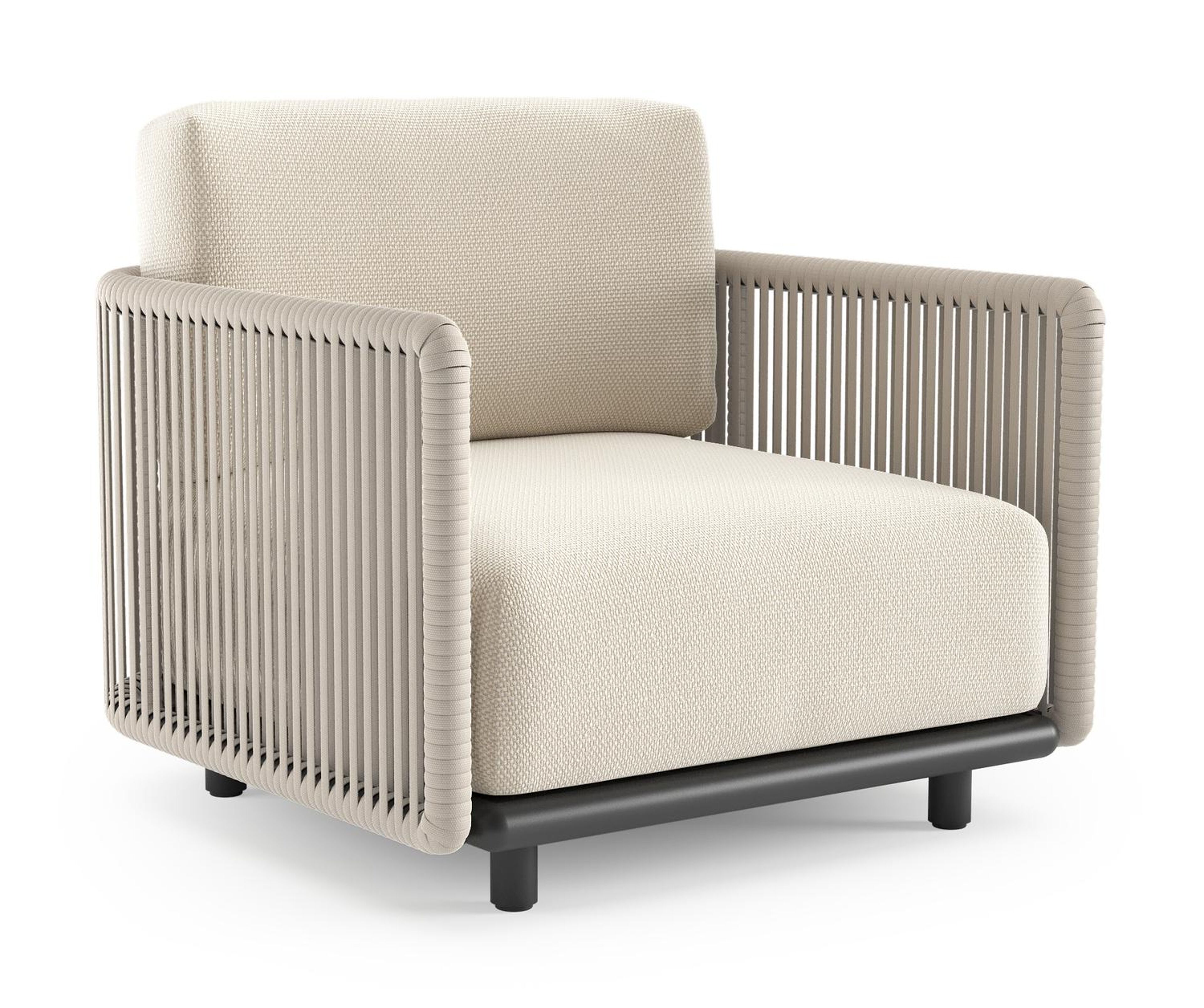 Organo loungestoel in zwart aluminium en beige verticaal geweven luxe vlakke rope met althea off white all weather Cosytica kussen