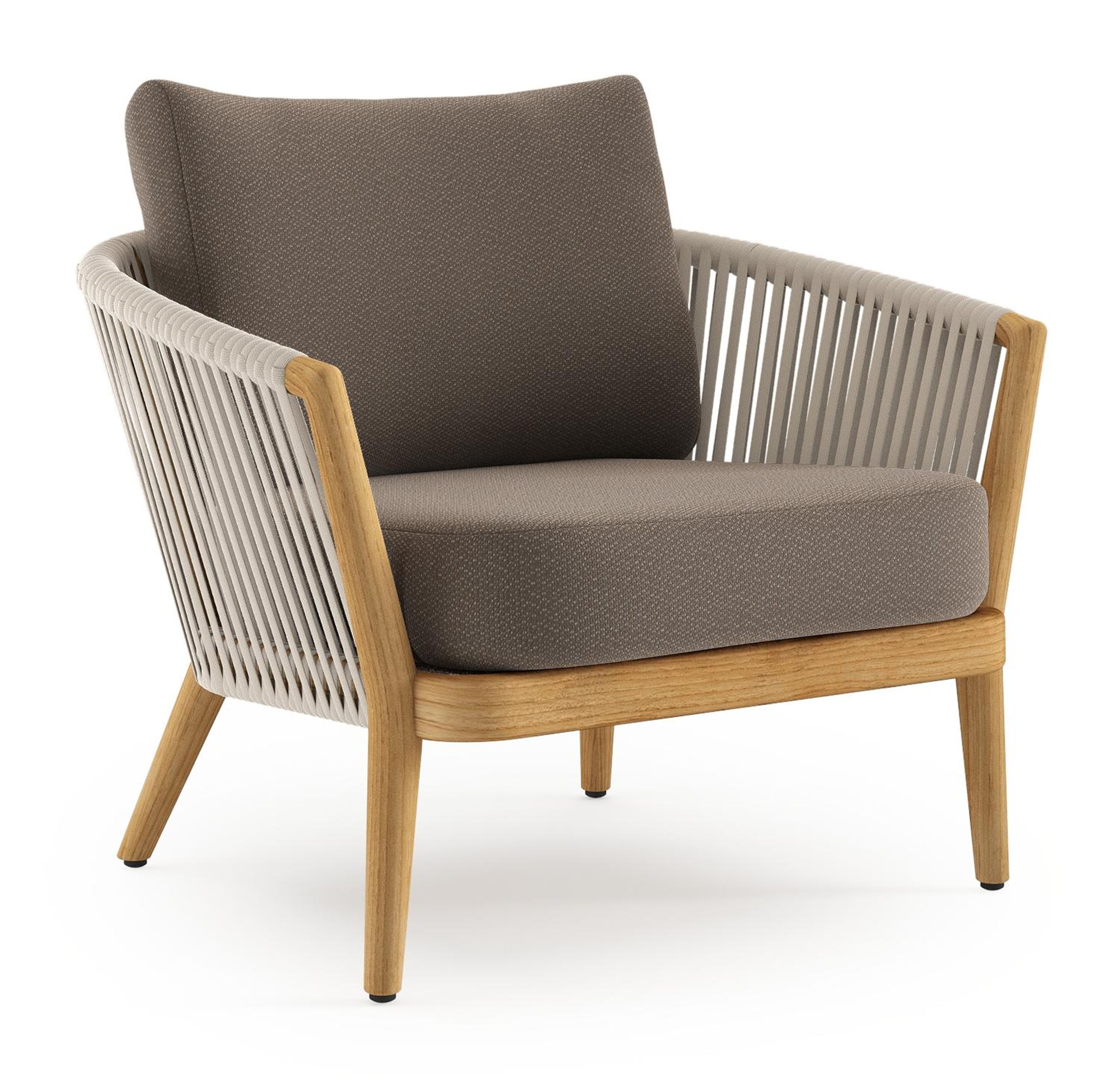 Orso loungestoel in teak en beige verticaal geweven luxe vlakke rope met Lopi Coconut all weather sunbrella® luxe kussen