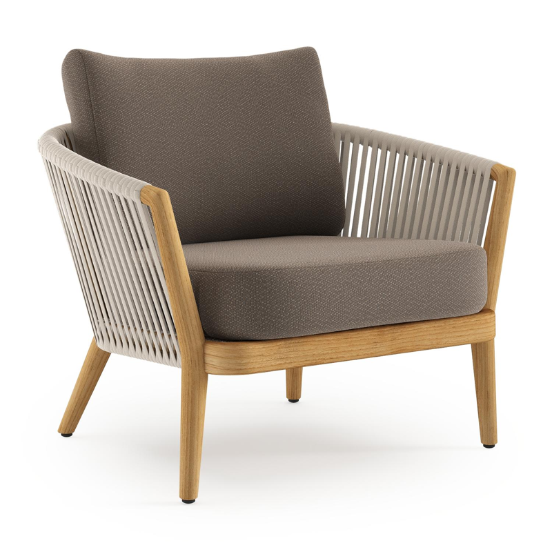 Orso loungestoel in teak en beige verticaal geweven luxe vlakke rope met Lopi Coconut all weather sunbrella® luxe kussen