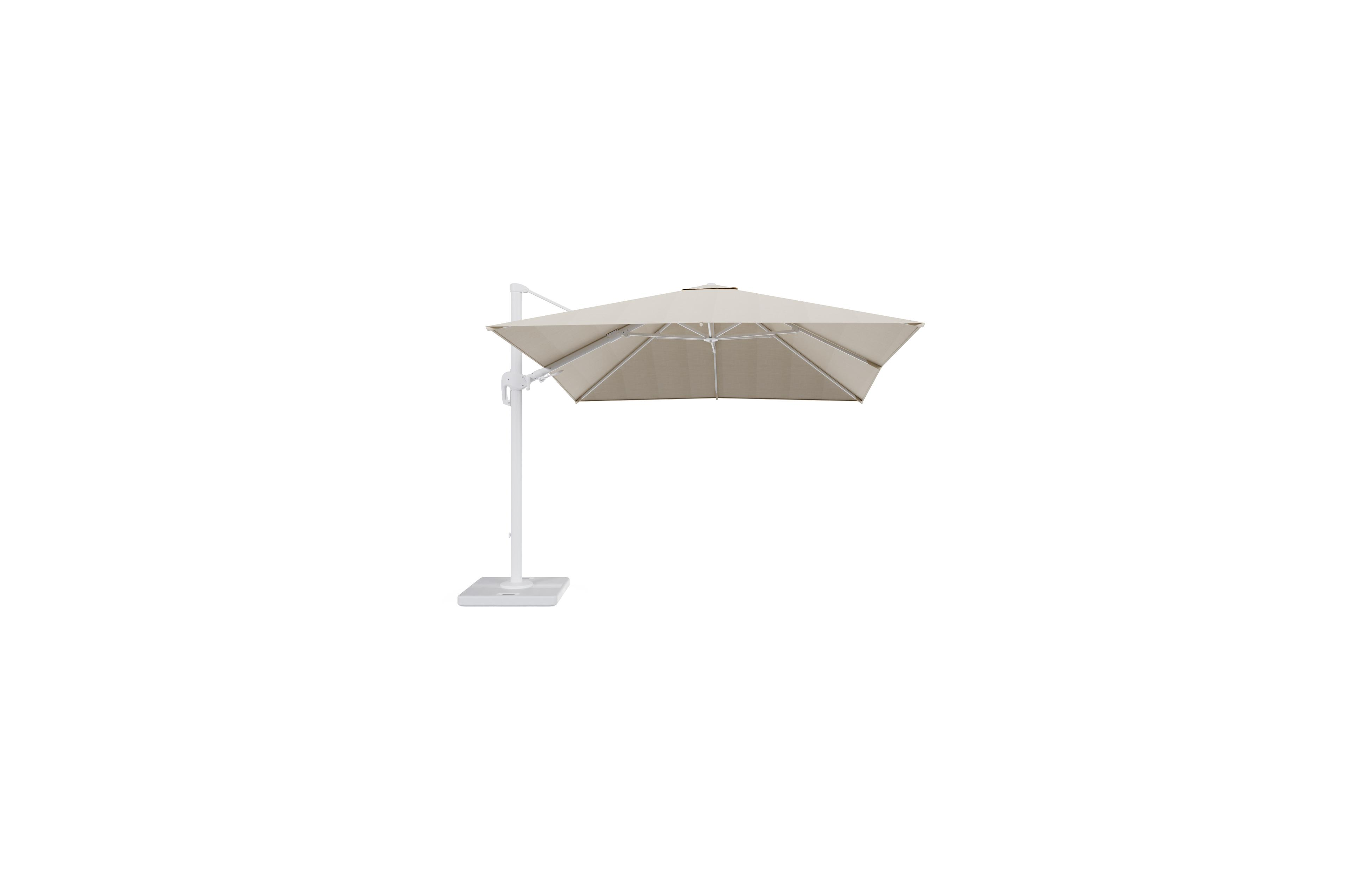 Rufina zweefparasol met tiltfunctie in wit aluminium met beige all weather sunbrella® premium parasoldoek - L1 300 x L2 300 cm met parasolvoet Lapido 120 kg