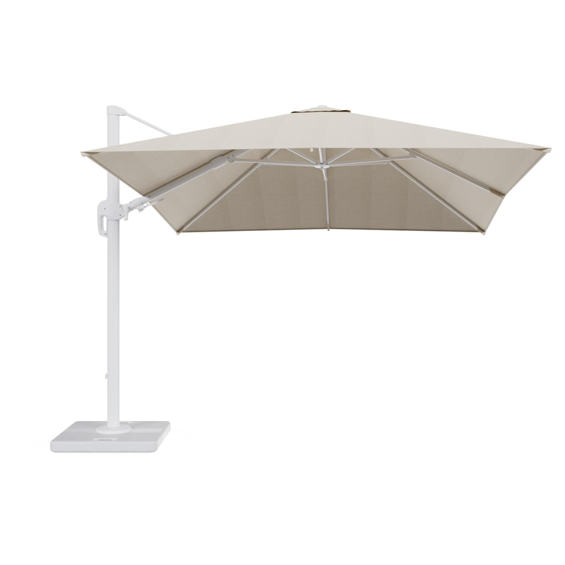 Rufina zweefparasol met tiltfunctie in wit aluminium met beige all weather sunbrella® premium parasoldoek - L1 300 x L2 300 cm met parasolvoet Lapido 120 kg