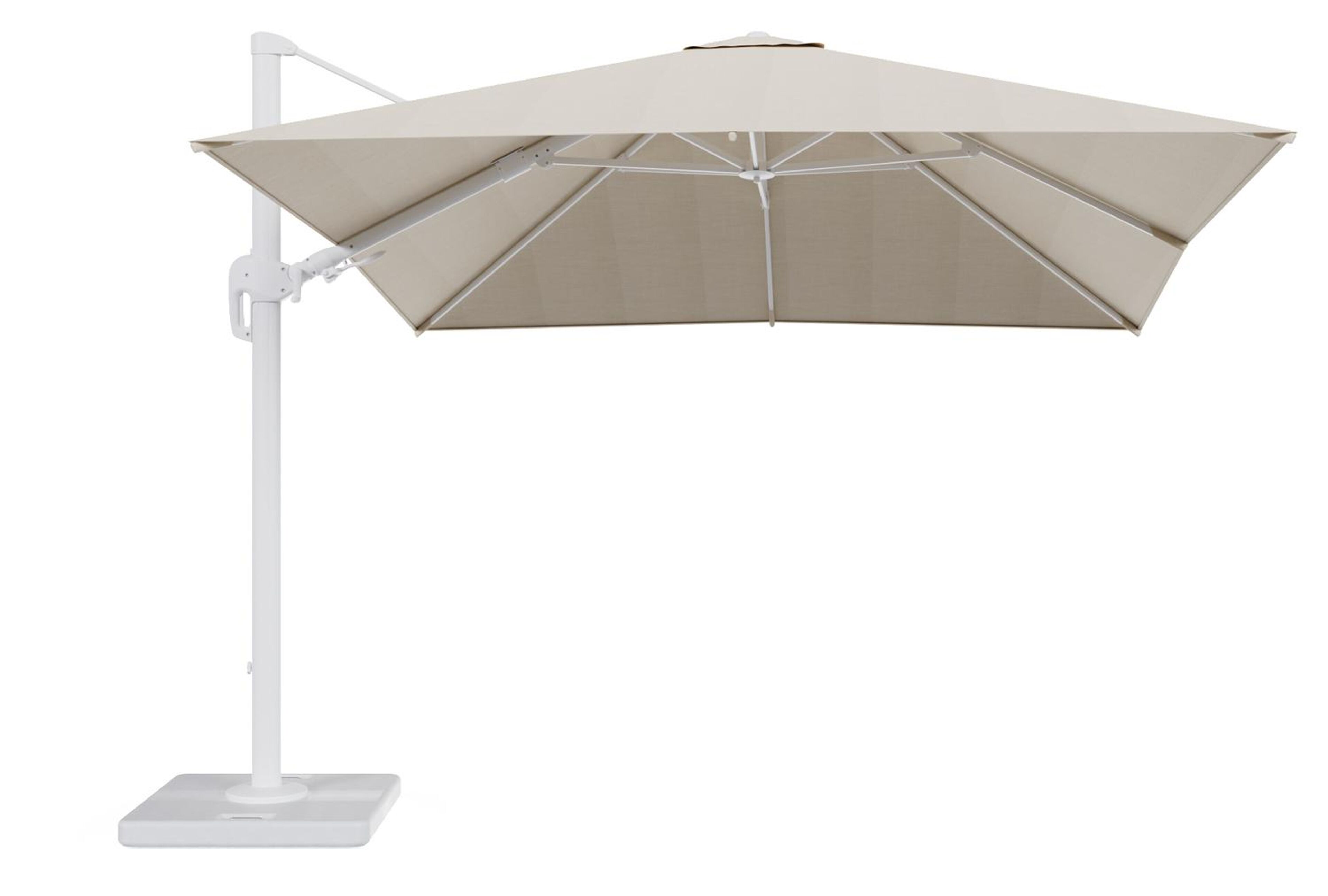 Parasol pendant Rufina avec fonction tilt en aluminium blanc avec toile de parasol en all weather sunbrella® premium beige - Lg.1 300 x Lg.2 300 cm avec pied de parasol Lapido 120 kg