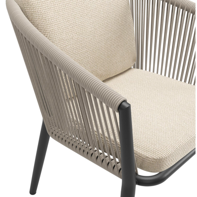 Orso tuinstoel in zwart aluminium en beige verticaal geweven ronde rope met luxe zitkussen in All Weather Cosytica Althea Chalk