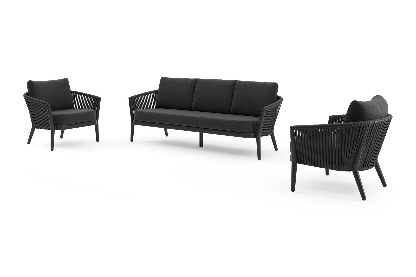 Orso loungeset in zwart aluminium en zwart verticaal geweven luxe vlakke rope met Chartres Sooty all weather sunbrella® luxe kussen