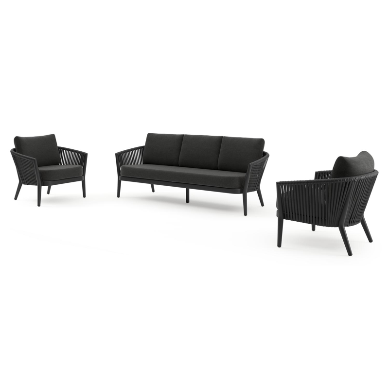 Orso loungeset in zwart aluminium en zwart verticaal geweven luxe vlakke rope met Chartres Sooty all weather sunbrella® luxe kussen