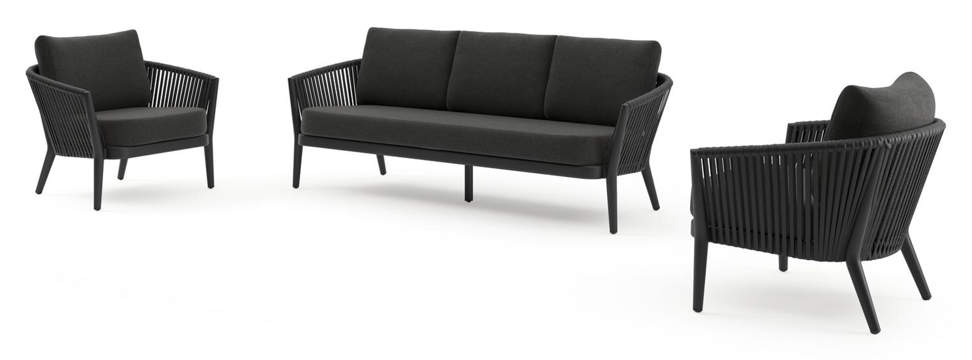 Salon de jardin Orso en aluminium noir en corde luxe plate tissée verticalement noir et coussins en all weather sunbrella® luxe Chartres Sooty