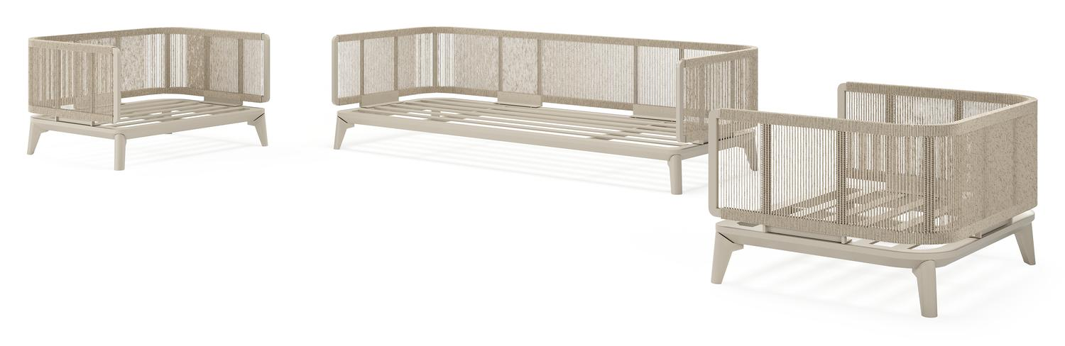 Salon de jardin Mosa en aluminium beige et résine tressée torsadée beige et coussins en weather+ softtouch rustic