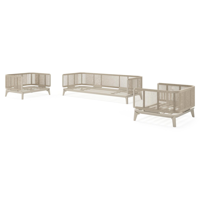 Salon de jardin Mosa en aluminium beige et résine tressée torsadée beige et coussins en weather+ softtouch rustic