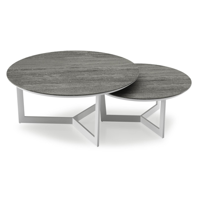 Lacrima loungetafels in wit aluminium en aspen grey volkeramiek - Dia. 85/65 x H 35/30 cm