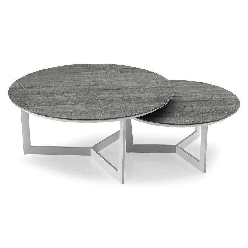 Lacrima loungetafels in wit aluminium en aspen grey volkeramiek - Dia. 85/65 x H 35/30 cm