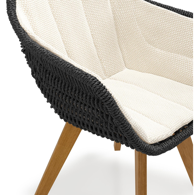 Pagino tuinstoel in teak en zwart ronde wicker met zitkussen in All Weather Cosytica Althea Off White