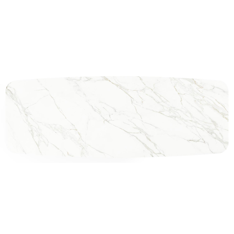 Table de jardin Lacrima forme de bateau en aluminium noir et céramique pleine Calacatta - Lg. 315 x Lrg. 115 x Haut. 73 cm