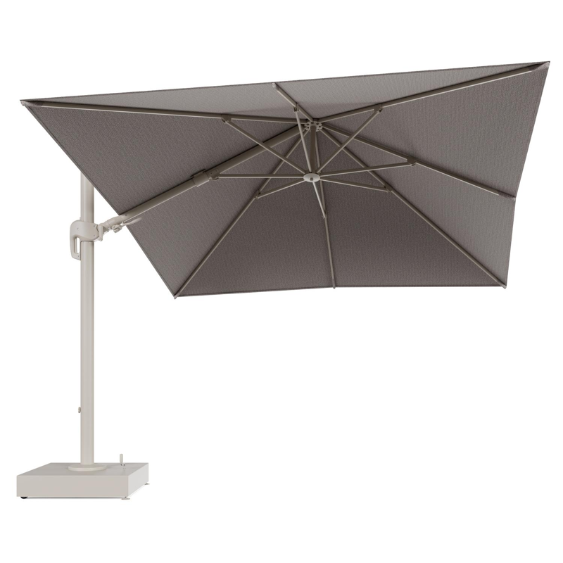 Rufina zweefparasol met tiltfunctie in beige aluminium en Wander Granite All Weather Sunbrella® Luxe parasoldoek - L1 300 x L2 300 cm met parasolvoet Minore 150 kg met wielen