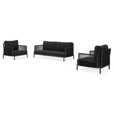 Amarante loungeset in zwart aluminium en zwart verticaal geweven ronde rope met zwart weather+ softtouch kussens