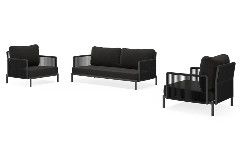 Amarante loungeset in zwart aluminium en zwart verticaal geweven ronde rope met zwart weather+ softtouch kussens
