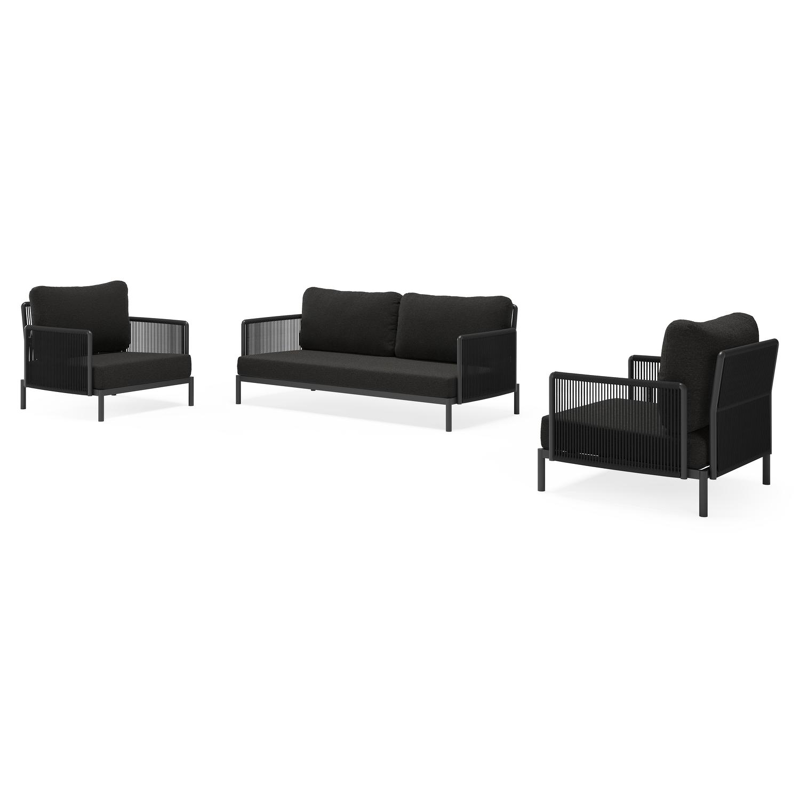 Amarante loungeset in zwart aluminium en zwart verticaal geweven ronde rope met zwart weather+ softtouch kussens