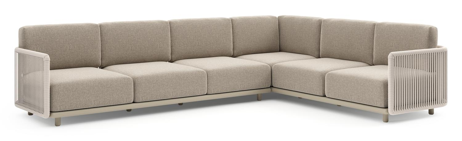 Organo loungehoek in beige aluminium en beige verticaal geweven luxe vlakke rope met chartres pewter all weather Sunbrella® luxe kussen