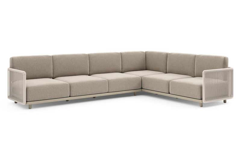 Organo loungehoek in beige aluminium en beige verticaal geweven luxe vlakke rope met chartres pewter all weather Sunbrella® luxe kussen