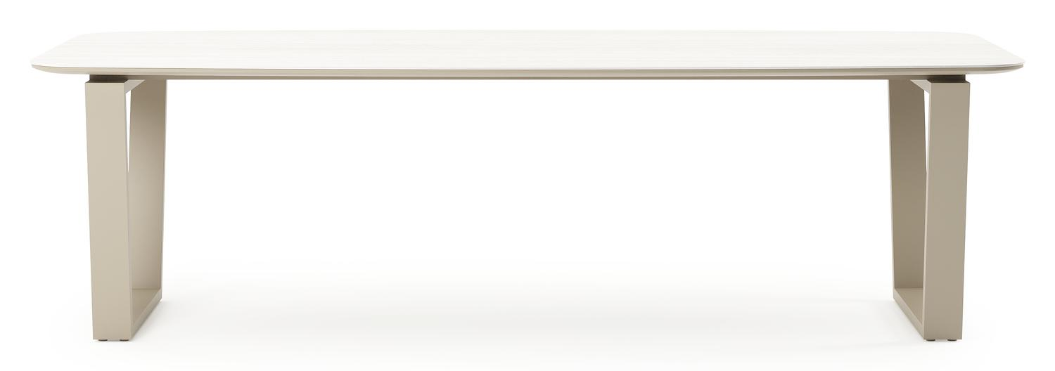 Table de jardin Pagino forme de bateau en aluminium beige et céramique pleine Calista Lg. 255 x Lrg. 115 x Haut. 73 cm
