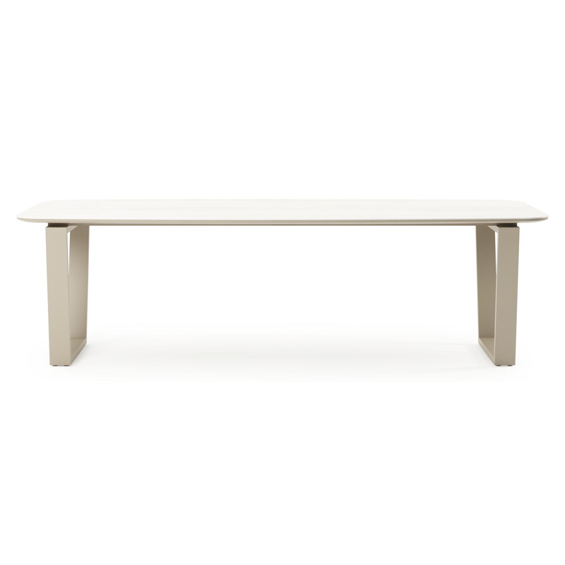 Table de jardin Pagino forme de bateau en aluminium beige et céramique pleine Calista Lg. 255 x Lrg. 115 x Haut. 73 cm